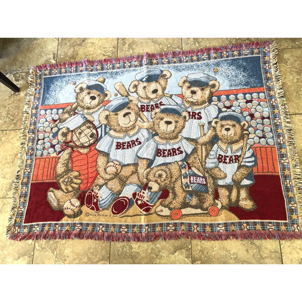 Vintage90s Goodwin Weavers Bear Baseball Tapestry Blanket Nita Showers Americana